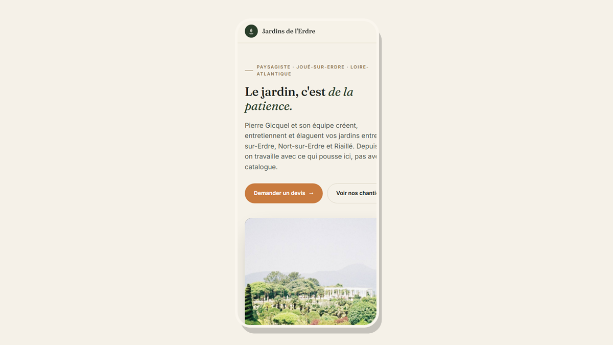 Vue mobile du site Jardins de l'Erdre